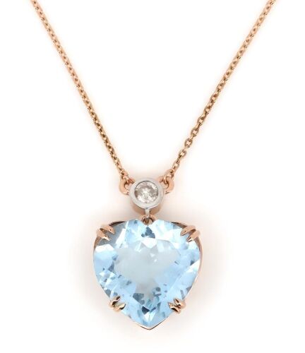 14K Rose Gold, Aquamarine and Diamond, Heart Shaped Pendant Necklace