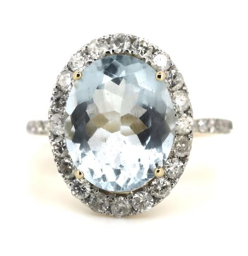 14K Yellow Gold, Aquamarine and Diamond, Halo Ring