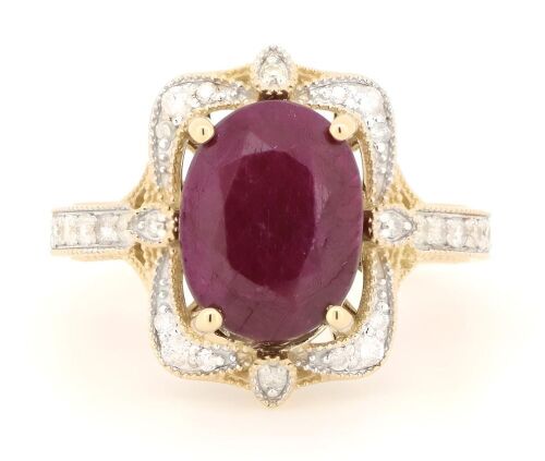 14K Yellow Gold, Ruby and Diamond, Antique Style Halo Ring