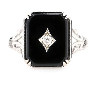 14K White Gold, Onyx and Diamond, Art Deco Style Ring