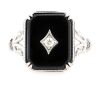 14K White Gold, Onyx and Diamond, Art Deco Style Ring