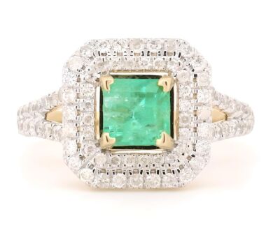 14K Yellow Gold, 0.70ct Colombian Emerald and Diamond, Double Halo Ring