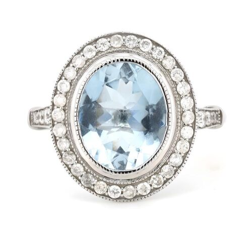 14K White Gold, Aquamarine and Diamond, Halo Ring