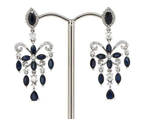 14K White Gold, Blue Sapphire and Diamond, Chandelier Style Earrings