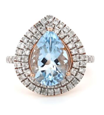 14K Rose Gold, Aquamarine and Diamond, Double Halo Ring