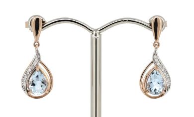 14K Yellow Gold, Aquamarine and Diamond, Drop Earrings