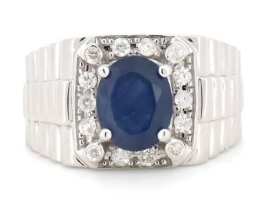 14K White Gold, Blue Sapphire and Diamond, Gents Ring