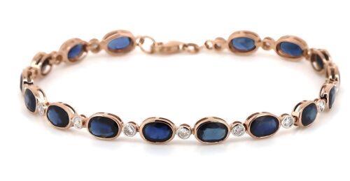 14K Rose Gold, Blue Sapphire and Diamond, Line Bracelet