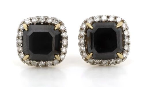 14K Yellow Gold, Fancy Black Diamond, Halo Stud Earrings