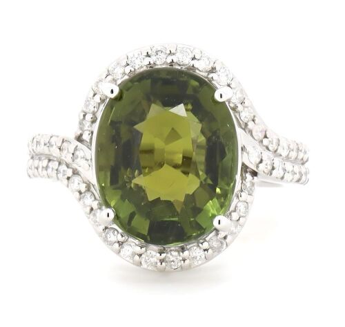 14K White Gold, Green Tourmaline and Diamond, Halo Ring