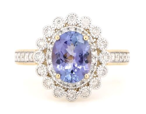 14K Yellow Gold, Tanzanite and Diamond, Double Halo Ring