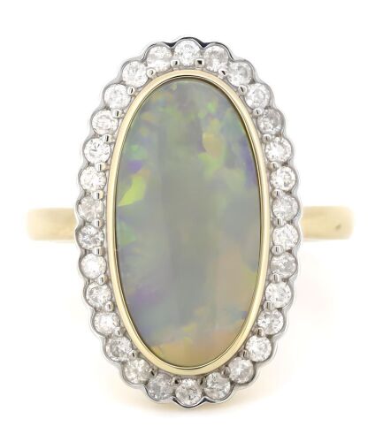 14K Yellow Gold, Coober Pedy Opal and Diamond, Halo Ring