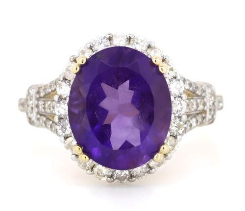 14K Yellow Gold, Amethyst and Diamond, Halo Ring