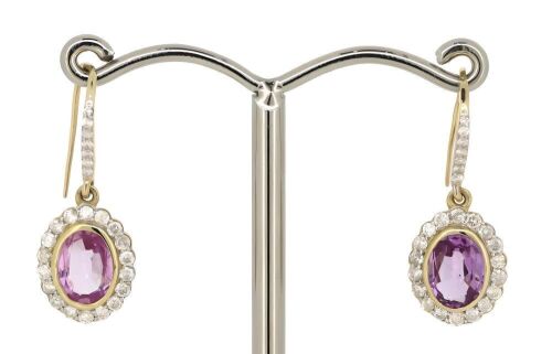 14K Yellow Gold, Pink Sapphire and Diamond, Halo Drop Earrings