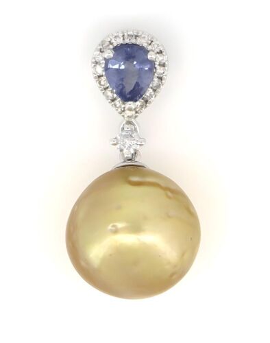 14K White Gold, Golden Cultured South Sea Pearl, Blue Sapphire and Diamond, Drop Pendant