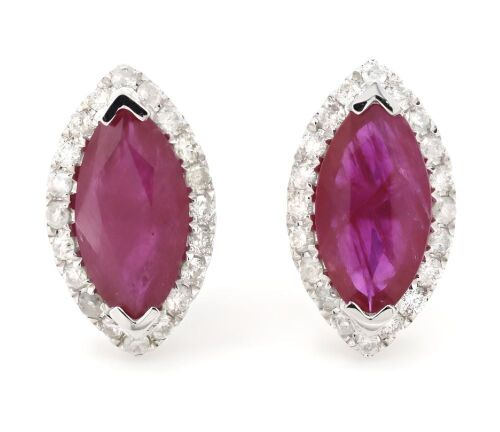 14K White Gold, Ruby and Diamond, Marquise Halo Stud Earrings