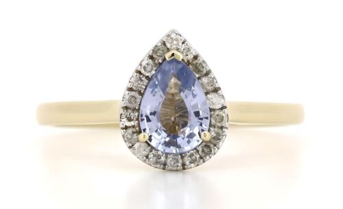 14K Yellow Gold, Blue Sapphire and Diamond, Halo Ring