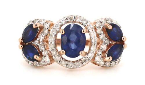 14K Yellow Gold, Blue Sapphire and Diamond, Trilogy Style Ring