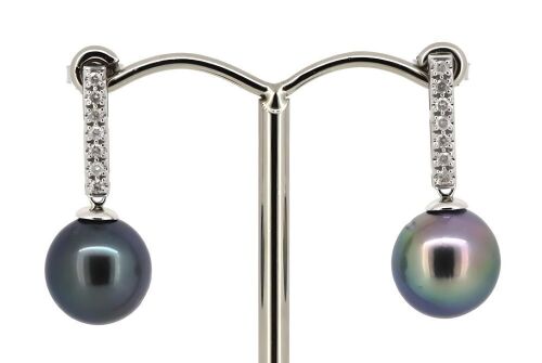 14K White Gold, Black Tahitian Pearl and Diamond, Drop Earrings