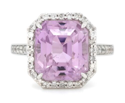 14K White Gold, 8.43ct Kunzite and Diamond, Halo Ring