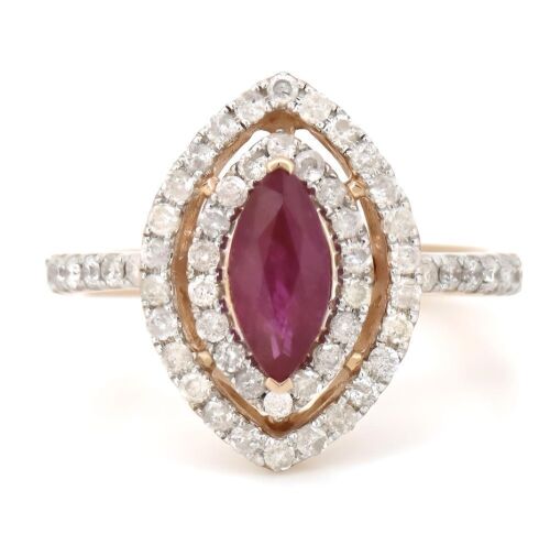 14K Rose Gold, Ruby and Diamond, Marquise Double Halo Ring