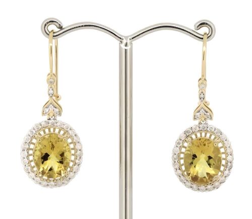 14K Yellow Gold, Heliodor and Diamond, Antique Style Halo Drop Earrings