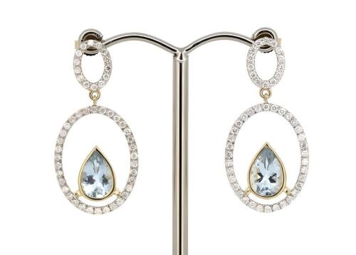 14K Yellow Gold, Aquamarine and Diamond, Double Hoop Drop Earrings