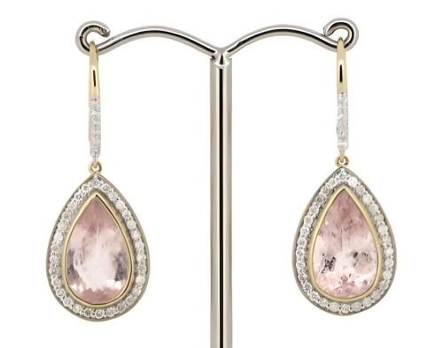 14K Yellow Gold, Morganite and Diamond, Halo Drop Earrings