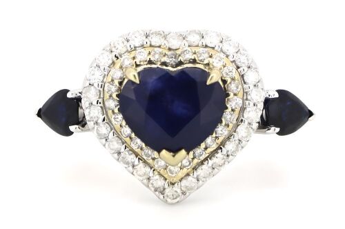 14K White Gold, Blue Ceylon Sapphire and Diamond, Heart Double Halo Statement Ring