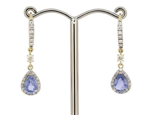 14K Yellow Gold, 1.73ct TSW Blue Ceylon Sapphire and Diamond, Halo Drop Earrings