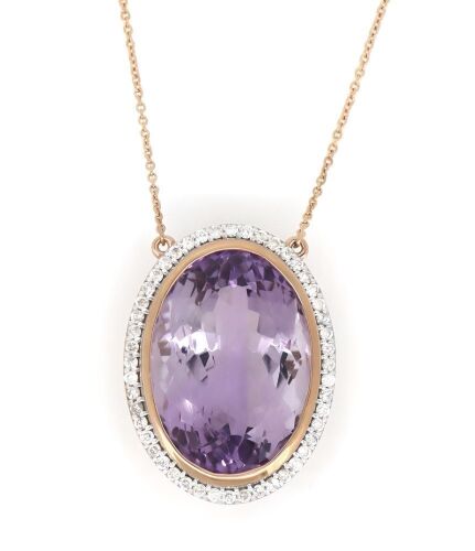 10K Rose Gold, Amethyst and Diamond, Halo Pendant Necklace