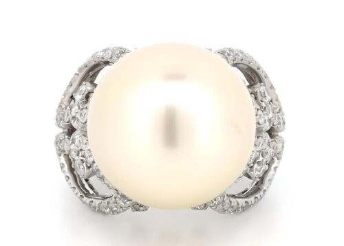 14K White Gold, White Cultured South Sea Pearl and Diamond, Cocktail Ring