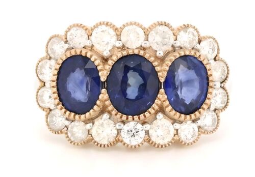 14K White/Rose Gold, Blue Sapphire and Diamond, Trilogy Style Halo Ring