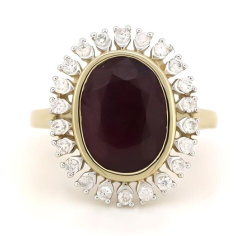 14K Yellow Gold, Ruby and Diamond, Antique Style Halo Ring