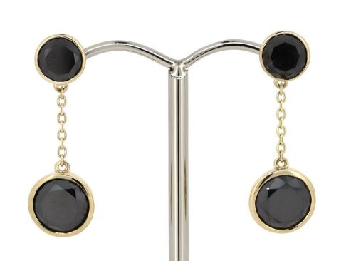 14K Yellow Gold and Black Diamond, Halo Chain Drop Earrings