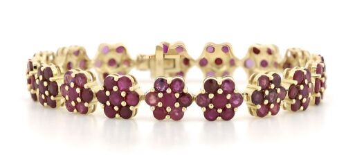 14K Yellow Gold, Pink Sapphire and Diamond, Floral Bracelet