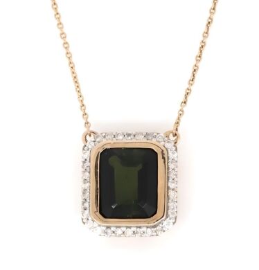 14K Rose Gold, Green Tourmaline and Diamond, Halo Pendant Necklace