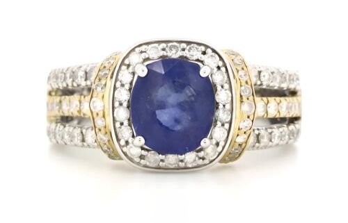 14K Yellow/White Gold, 2.16ct Ceylon Blue Sapphire, Halo Split Band Ring