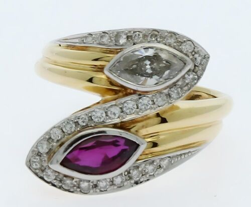 18K Yellow Gold and Platinum Ruby and Diamond Bypass Dress ring