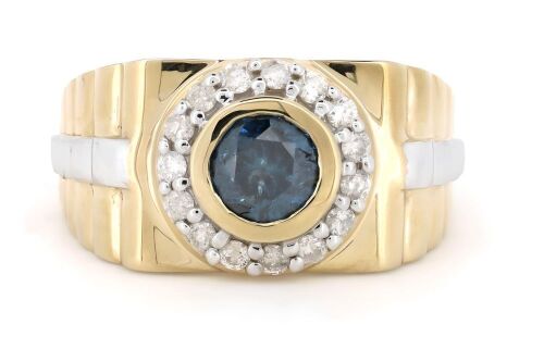 14K Yellow Gold, Blue Diamond, Halo Gents Ring