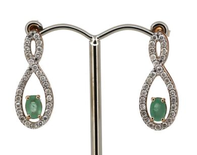 14K Rose Gold, Emerald and Diamond, Infinity Drop Earrings