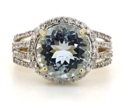 14K Yellow Gold, Aquamarine and Diamond, Halo Ring