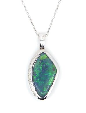 14K White Gold, 4.07ct Solid Black Opal and Diamond, Pendant Necklace