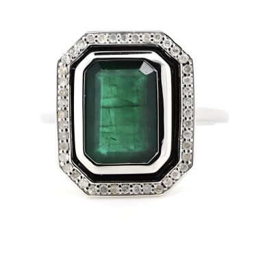 14K White Gold, Emerald and Diamond, Halo Ring