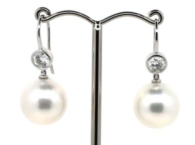 14K White Gold, White Cultured South Sea Pearl and Diamond, Drop Earrings