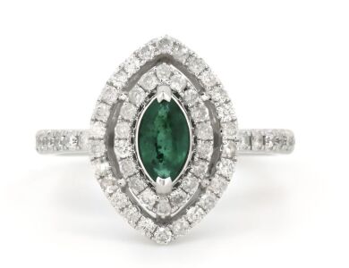 14K White Gold, Emerald and Diamond, Double Halo Ring