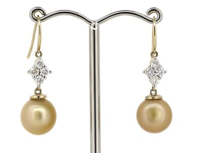 14K Yellow Gold, Golden Cultured South Sea Pearl and Diamond, Drop Earrings