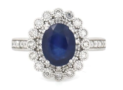 14K White Gold, Blue Sapphire and Diamond, Double Halo Ring