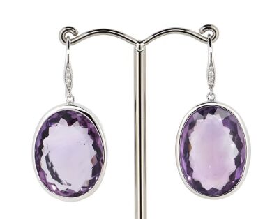 14K White Gold, 38.37ct TSW Amethyst and Diamond, Drop Earrings