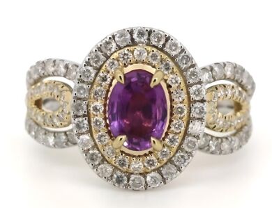 14K White/Yellow Gold, Pink Sapphire and Diamond, Double Halo Ring